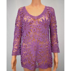 Vintage Crochet Knit Tunic Top Womens Large Artsy Lace Fairycore Art To Wear Y2K